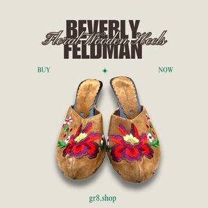 Beverly Feldman Floral Wooden Heels Womens Embroidered Suede Mules Size 7